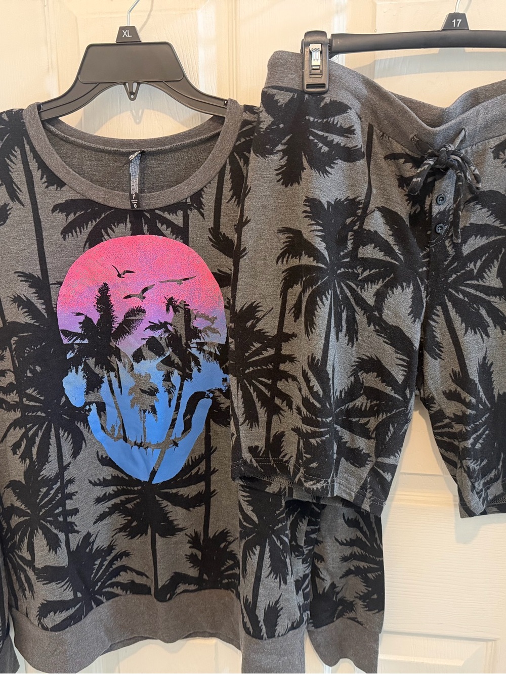 torrid Grey Palm-Print Kids Pajama Set with Pink & Blue Skull Sunset